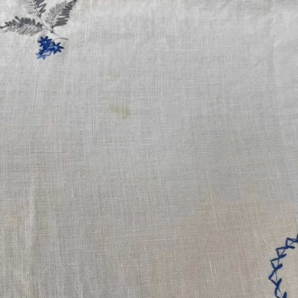 Antique Linen Tablecloth Blue & White Florals Hand Embroidered 64.5 x 47